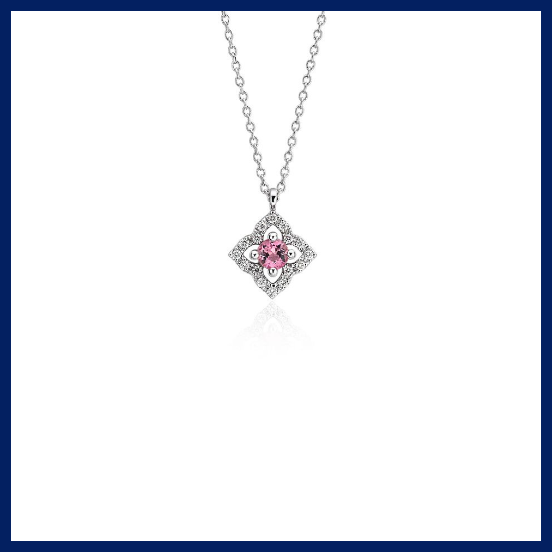 Petite Pink Tourmaline and Diamond Floral Pendant in 14k White Gold