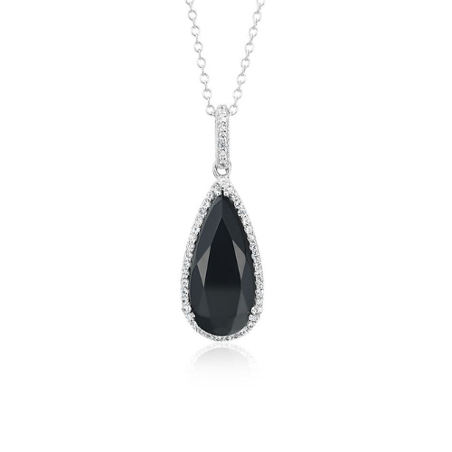 Black Onyx Pear Pendant with White Topaz Halo in Sterling Silver.