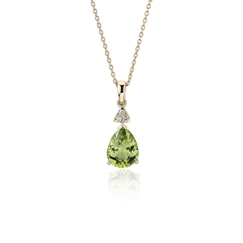 Pear-Shaped Peridot Pendant with Diamond Trio in 14k Yellow Gold.