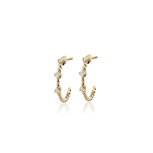 Mini Diamond Three-Stone Beaded Huggie Hoop Earrings in 14k Yellow Gold.
