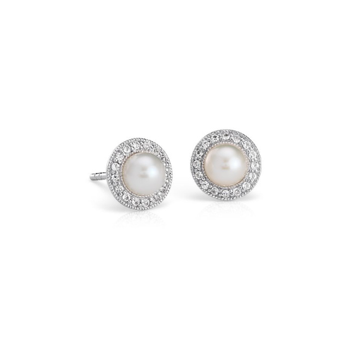 Vintage-Inspired Freshwater Cultured Pearl and White Topaz Halo Earrings in Sterling Silver.
