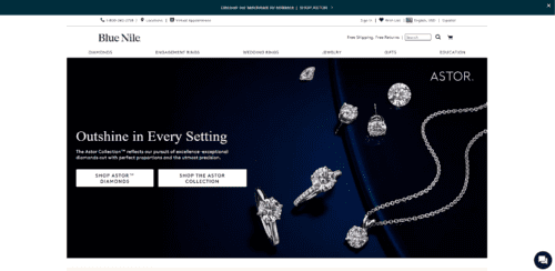 Blue Nile website, with the front image advertising the Blue Nile Astor selection