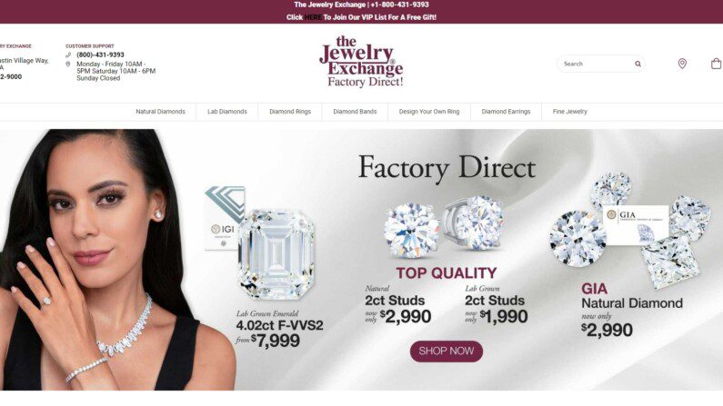 Jewelry Exchange and Factory Direct homepage, with a woman showing off her diamond engagement ring. Multiple offers of different high quality diamond studs next to her are shown