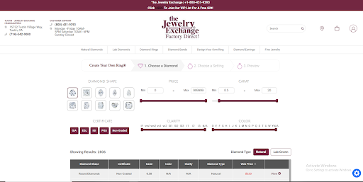Jewelry Exchange's easily navigable website, showing filters and options for an easy to use experience