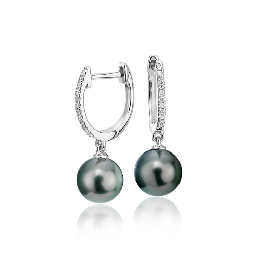 Tahitian Pearl Earrings with Diamond Hoops in 18k White Gold