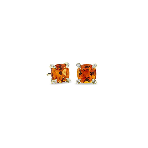 Cushion Cut Citrine and Diamond Accent Earrings in 14k Yellow Gold