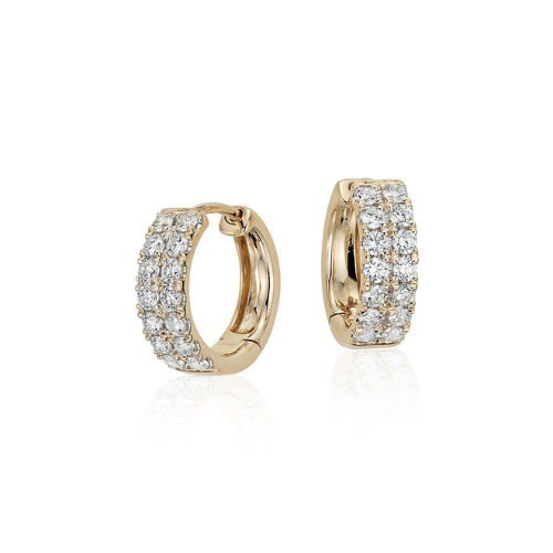 Double Row Diamond Huggie Hoop Earrings in 14k Yellow Gold