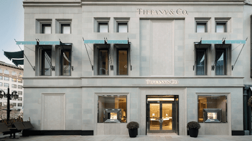 Tiffany and Co modern grey brick stone storefront in LA