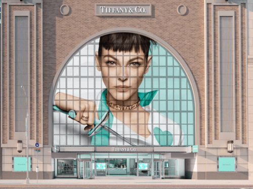 Tiffany and Co storefront, with a modern mural displayed on top of the entrance