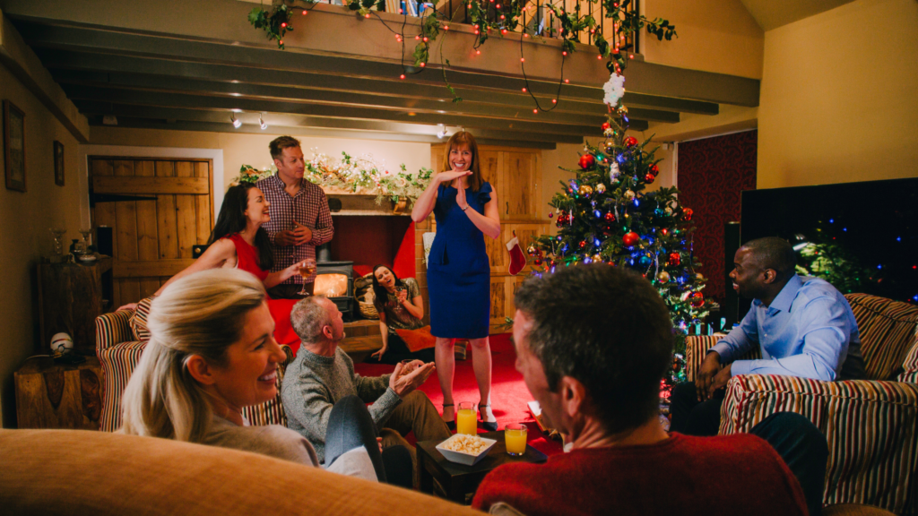 People playing games at a holiday party