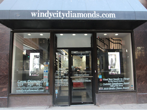 Windy City Diamond's storefront, advertising their URL and loose diamonds on sale