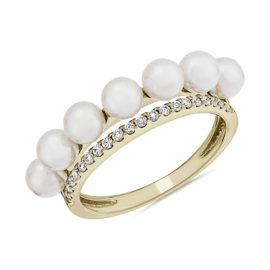 White Freshwater Pearl Fashion Ring with Diamond Detail in 14k Yellow Gold