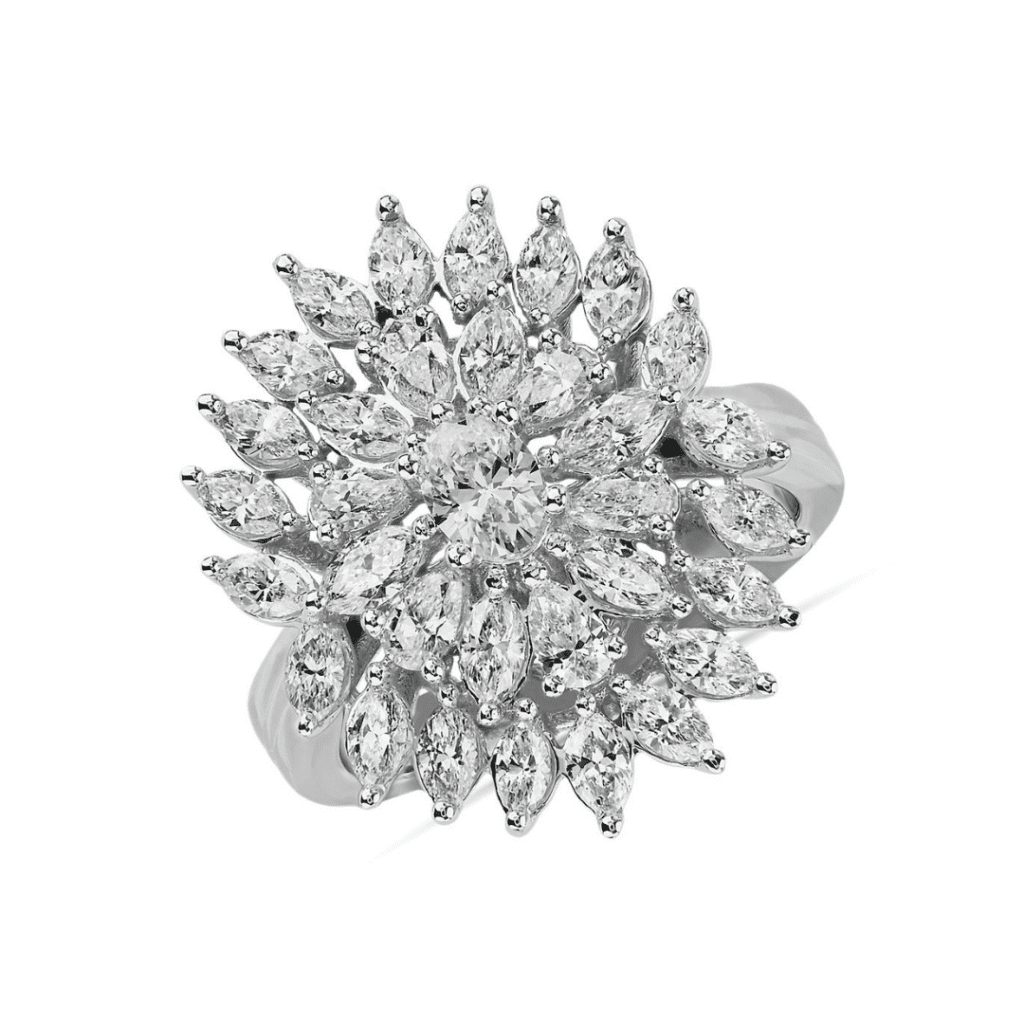 Diamond Dahlia Flower Fashion Ring in 14k White Gold