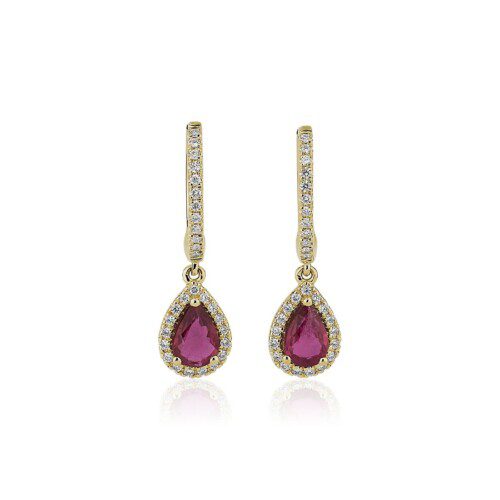 Pear Shaped Ruby and Diamond Halo Drop Earrings