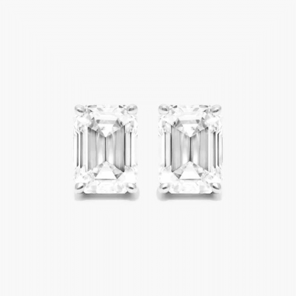 14K White Gold Emerald Cut Diamond Stud Earrings (Mounting)