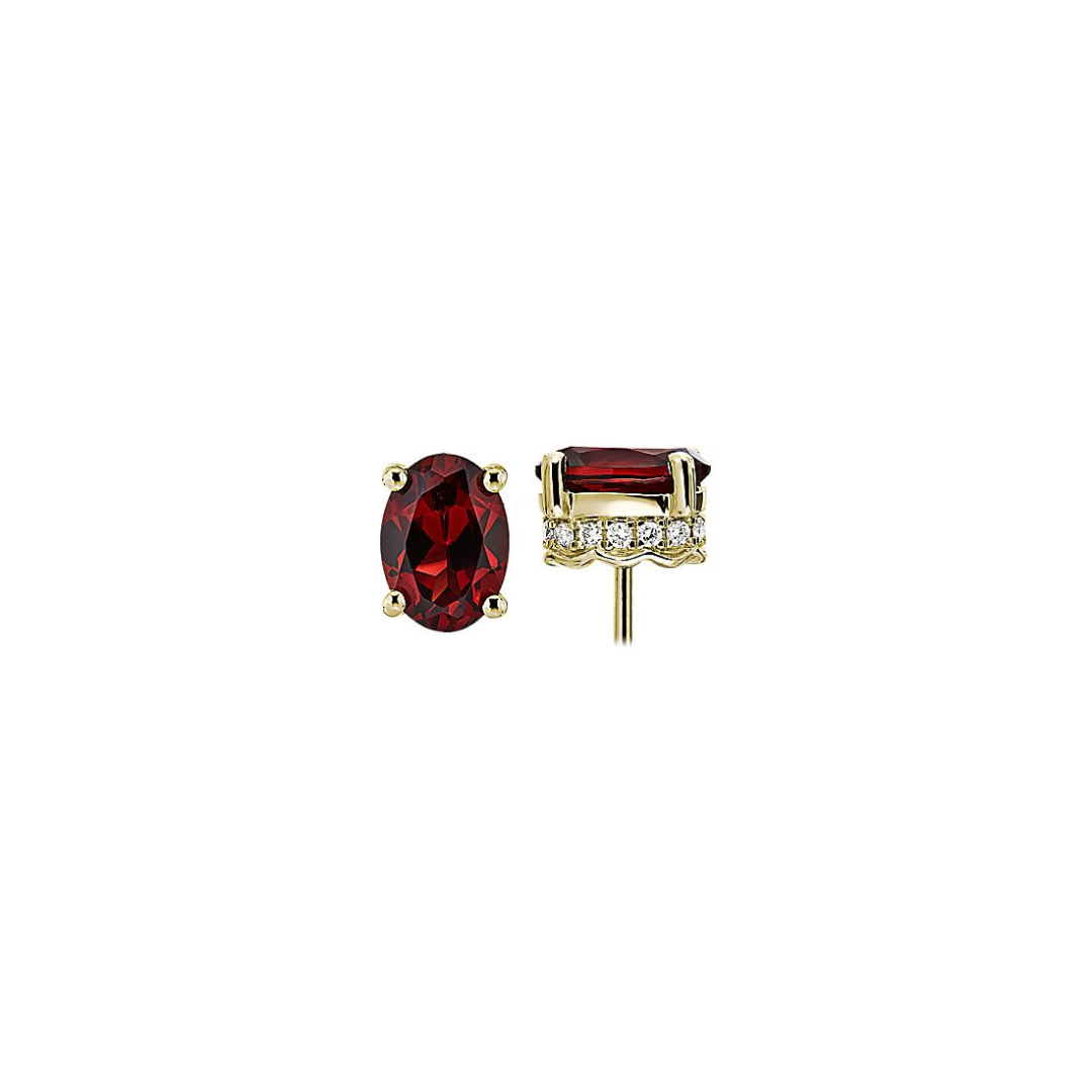 Oval Garnet and Diamond Earrings in 14k Yellow Gold