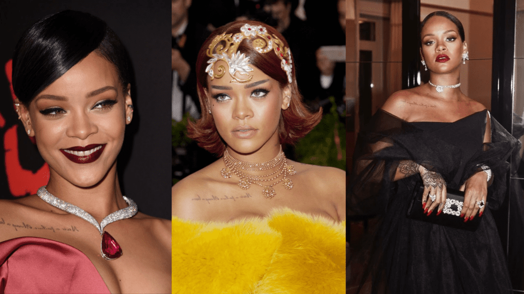 Three separate images of Rihanna in diamond jewelry.
