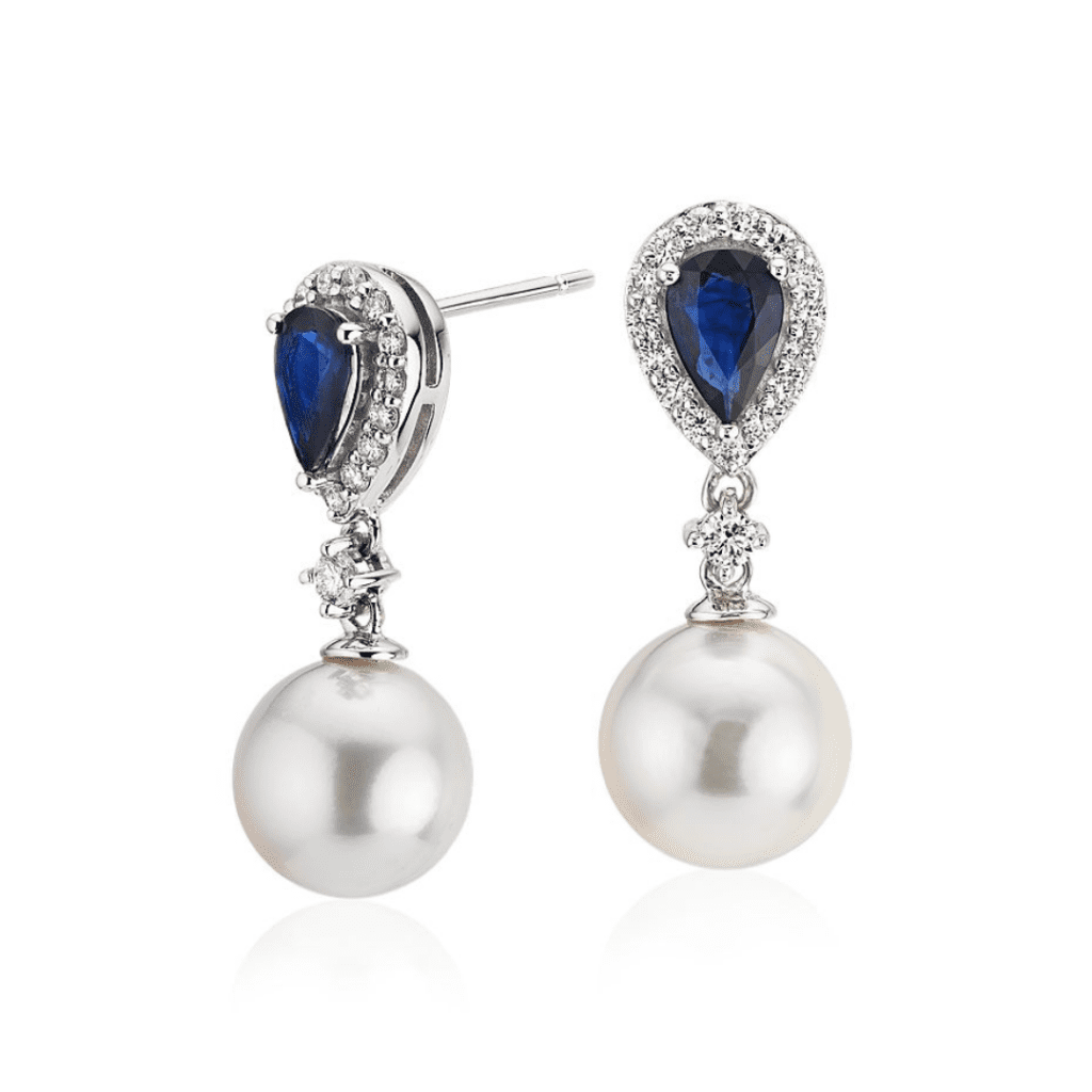 Classic Akoya Cultured Pearl Drop Earrings with Sapphire and Diamond Detail in 14k White Gold at Blue Nile