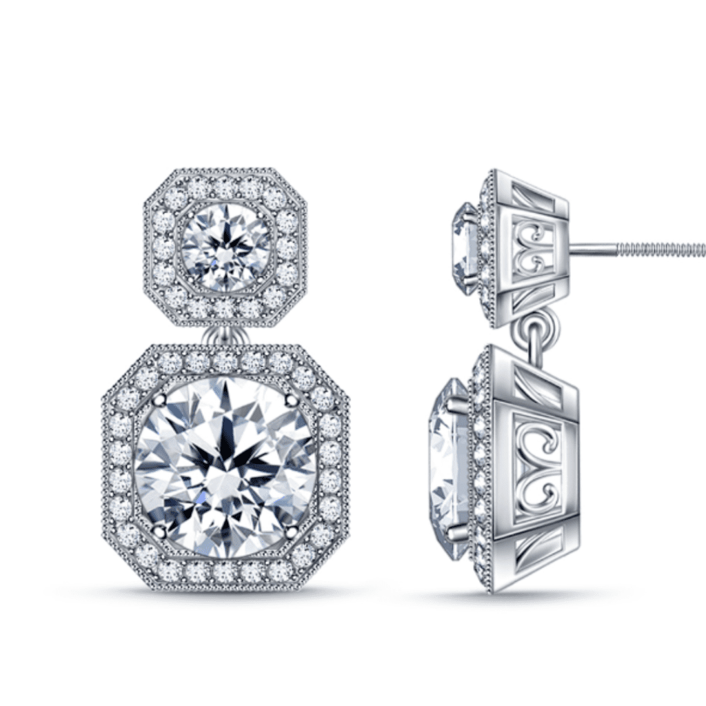 Vintage Inspired Round Diamond Drop Earrings With Radiant Shape Halo In Platinum at B2C Jewels.
