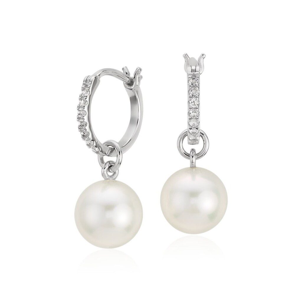 Freshwater Cultured Pearl and White Topaz Drop Hoop Earrings at Blue Nile