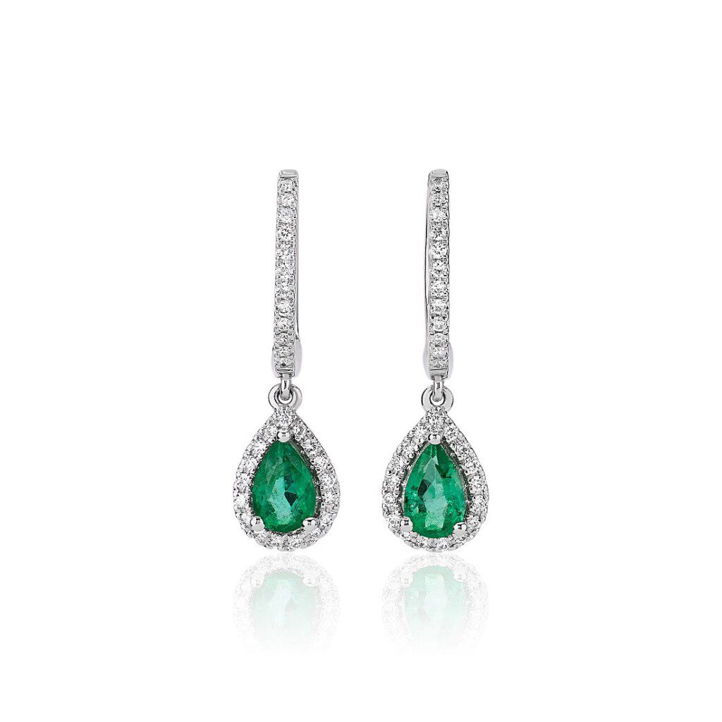 Pear Emerald Halo Drop Earrings at Blue Nile