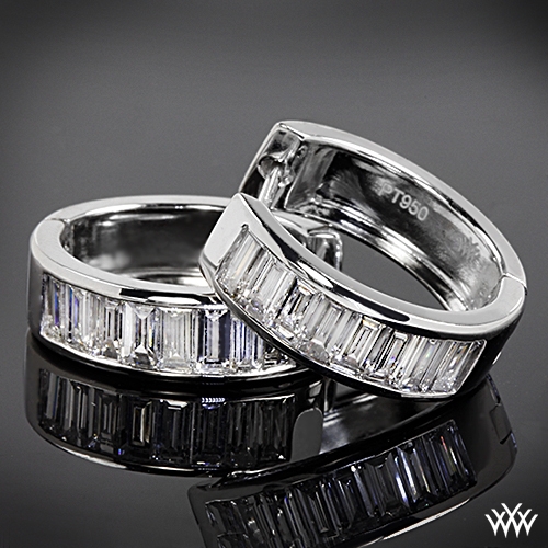 Platinum "Channel-Set Baguette" Diamond Hoop Earrings at Whiteflash