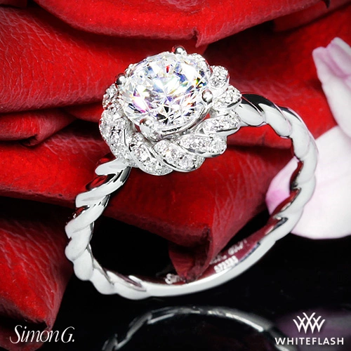 18k White Gold Simon G. Classic Romance Halo Diamond Engagement Ring at Whiteflash