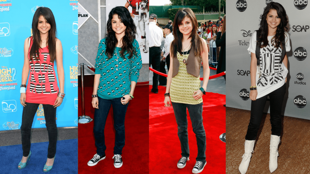 Selena Gomez 4 times over in shirts and pants.