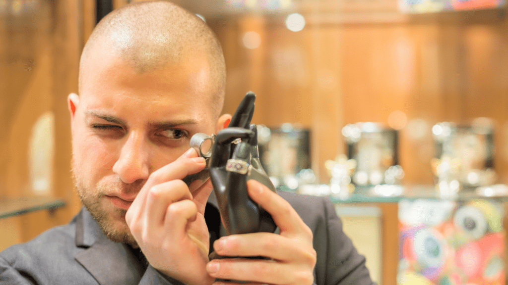 Someone looking at a ring through a jeweler's loupe.