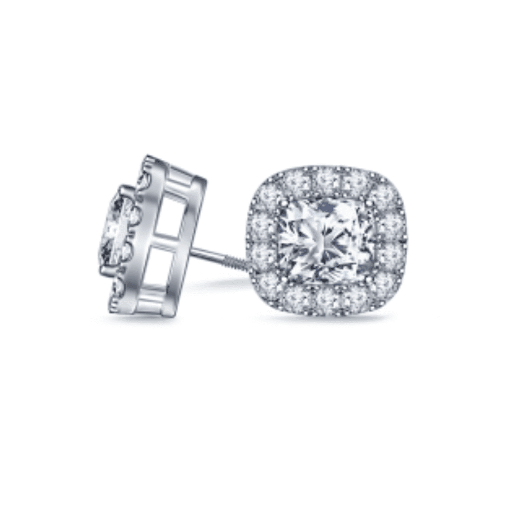 Fancy Cushion Cut Diamond Stud Earrings With Split Prong Setting Halo In 14K White Gold at B2C Jewels