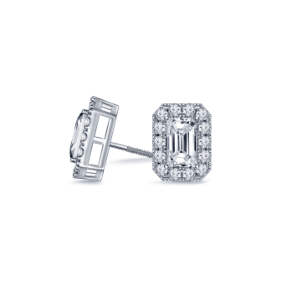 Fancy Emerald Cut Diamond Stud Earrings With Split Prong Setting Halo In 14K White Gold at B2C Jewels