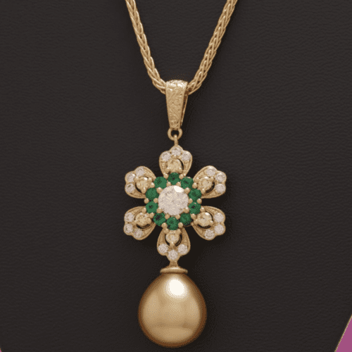 Diamond, Emerald, and Golden South Sea Pearl Pendant