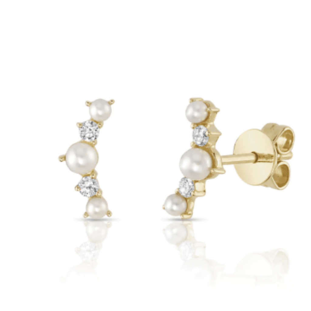 14KT Yellow Gold, Diamond, and Cultured Pearl Stud Earrings with 4 Shared Prong Set Diamonds at Continental Diamond