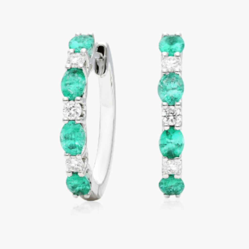 14K White Gold Alternating Oval Emerald And Round Diamond Hoop Earrings at James Allen