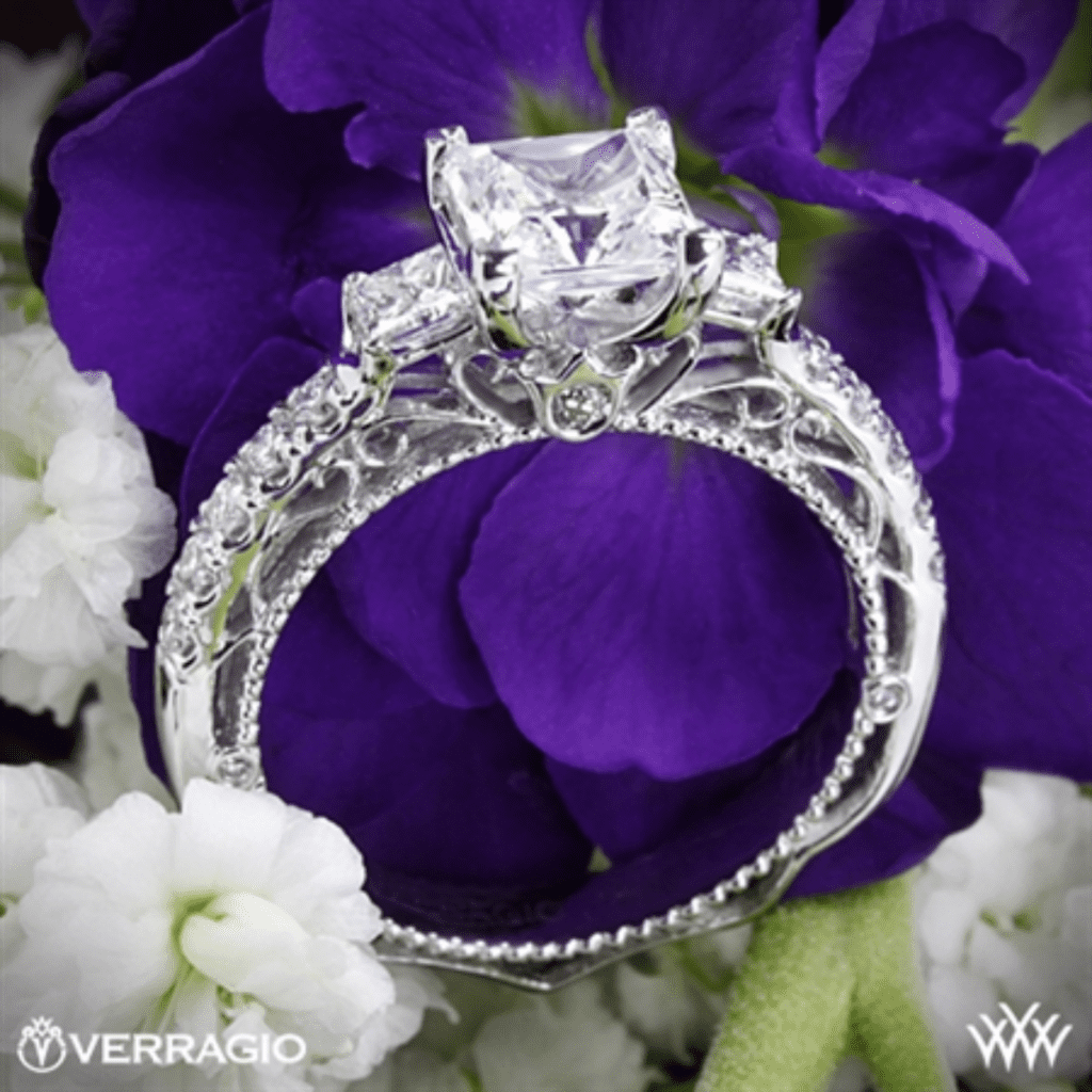 18k White Gold Verragio Venetian Lace AFN-5058P-4 Three Stone Engagement Ring for Princess at Whiteflash
