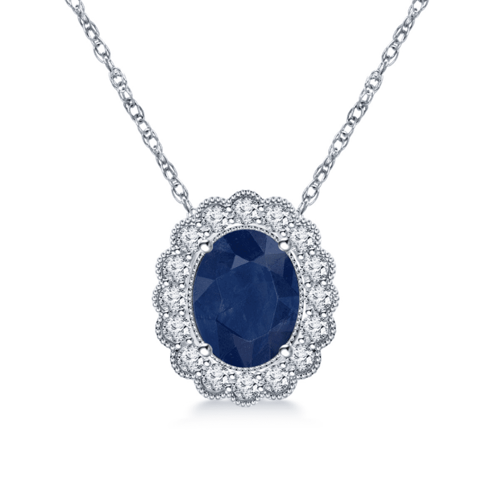 14K White Gold Sapphire And Diamond Pendant Necklace With Scalloped Halo at B2C Jewels