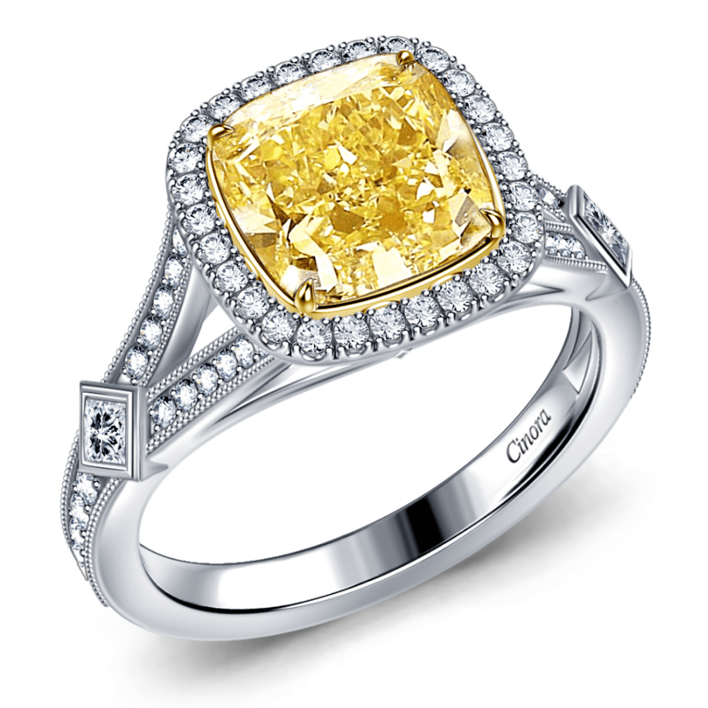 Vintage Inspired Yellow Cushion Cut Diamond Ring With Split Shank in 18K White Gold at B2C Jewels