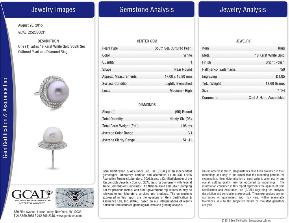 GCAL Pearl Jewelry Certificate
