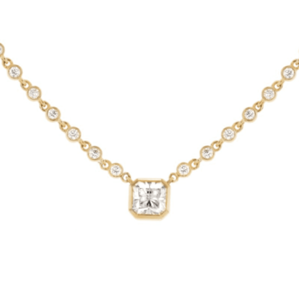 Diamond by the Yard Necklace with Bezel Set Round Diamonds and a Bezel Set Lucere Diamond at Continental Diamond