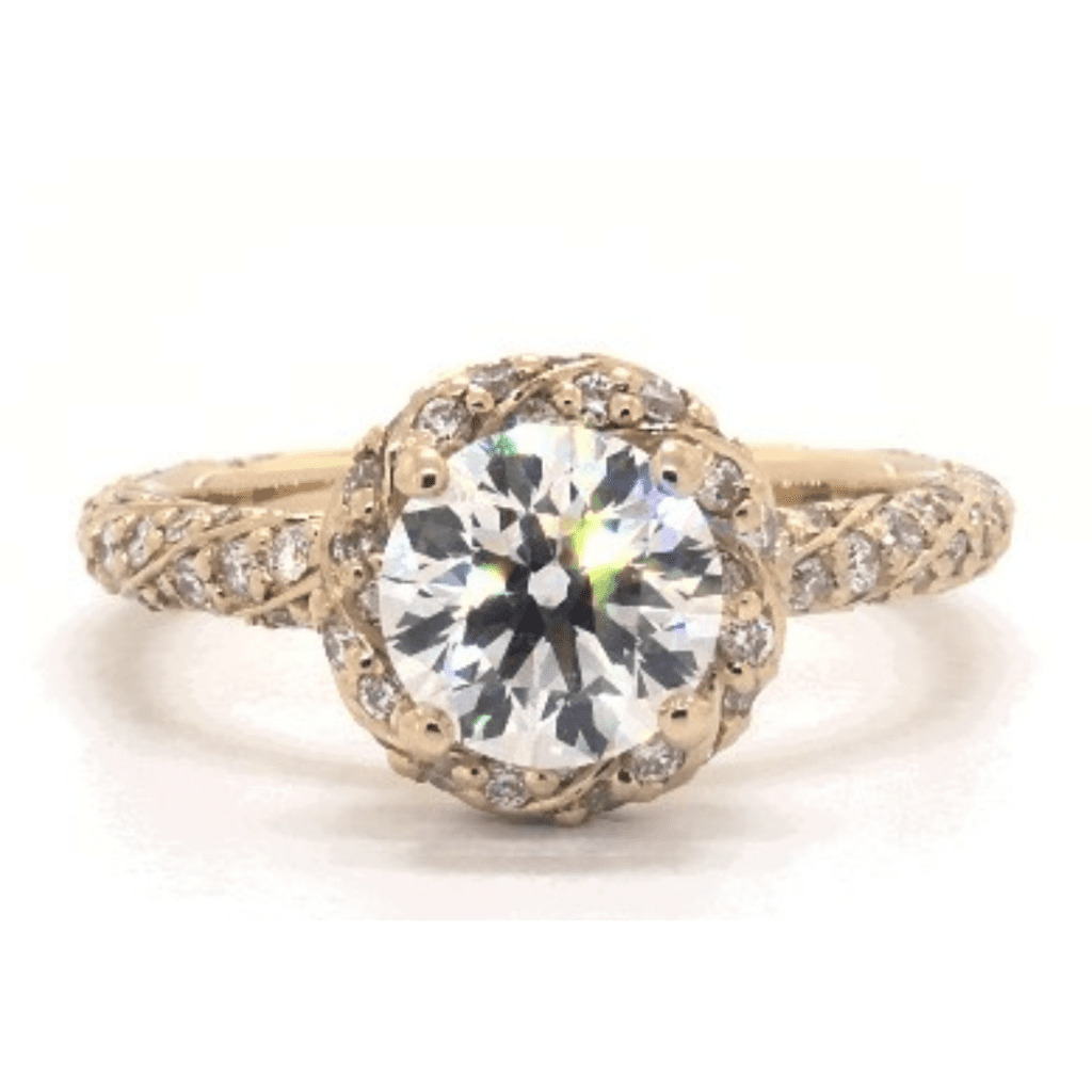 Ideal Cut Round Diamond Twisted Pavé Halo Diamond Ring at James Allen