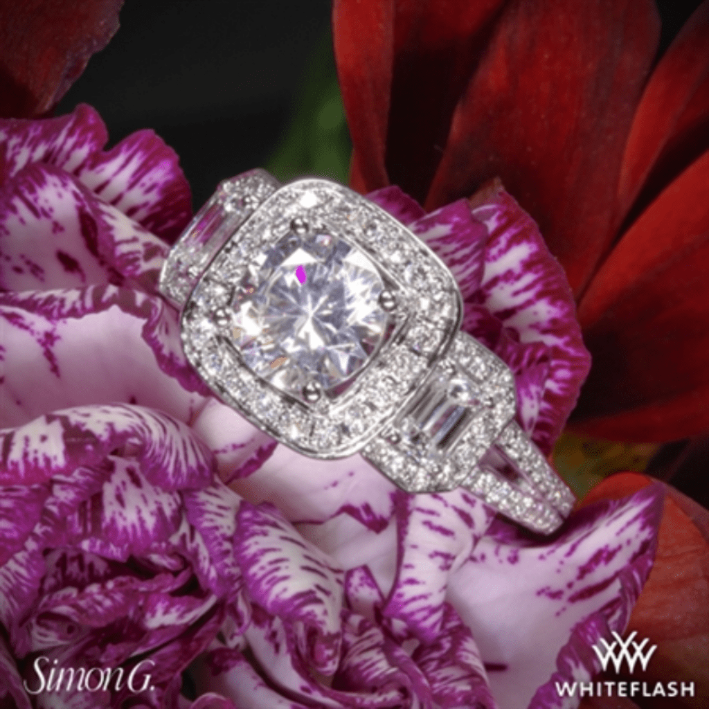 18k White Gold Simon G. Passion Halo Three Stone Engagement Ring at Whiteflash