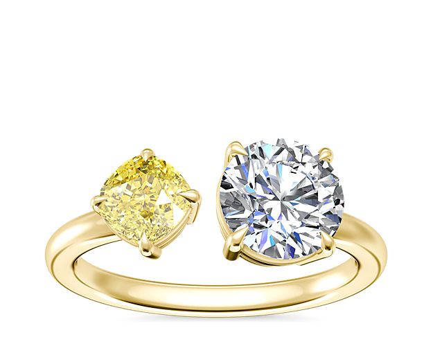 Two Stone Engagement Ring With Fancy Yellow Cushion Diamond In 14k Yellow Gold at Blue Nile