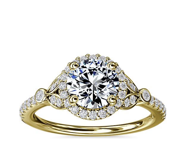 Petite Pavé Leaf Halo Diamond Engagement Ring In 14k Yellow Gold at Blue Nile