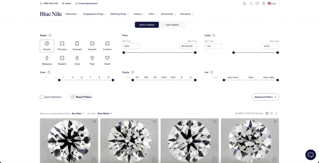 Blue Nile Diamond Search