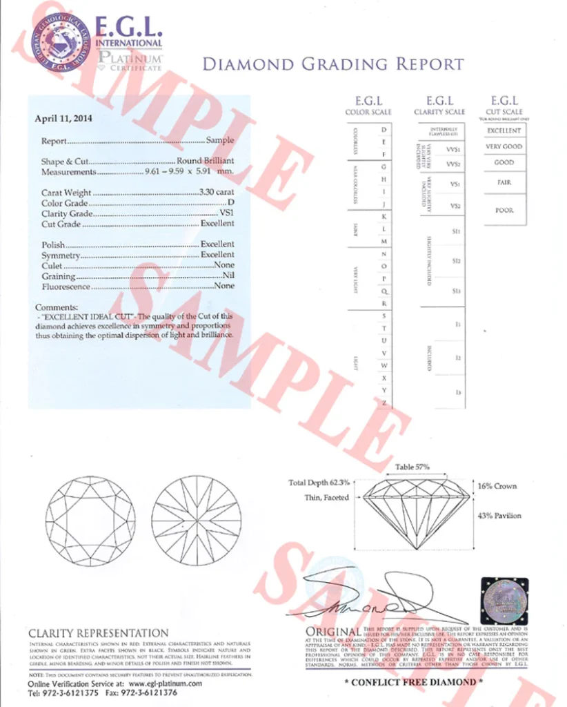 EGL International Platinum Diamond Grading Report (Israel)