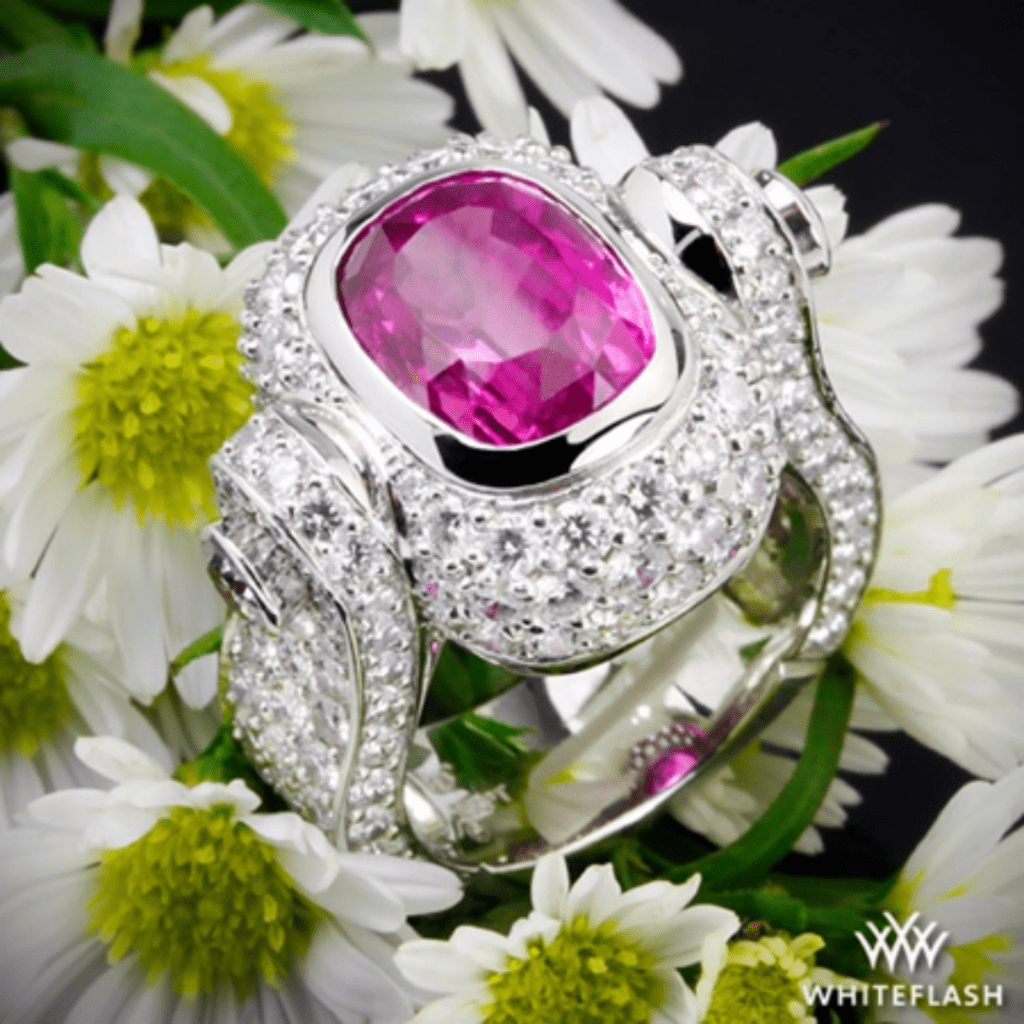 6.03ct Antique Cushion Pink Sapphire set in Platinum "Pizzazz" Sapphire and Diamond Right Hand Ring at Whiteflash
