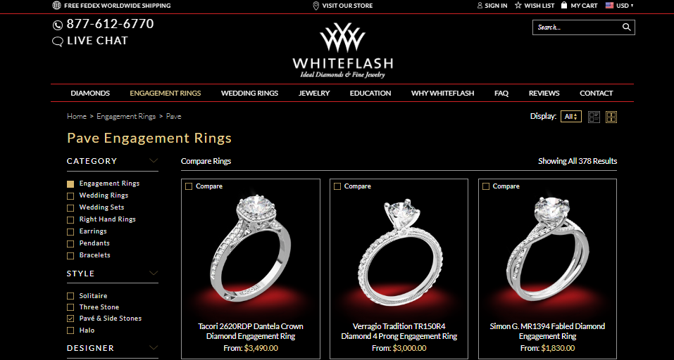 Price comparison for pave engagement rings. Screenshot from Whiteflash's site