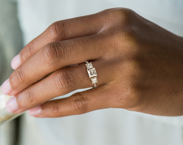 14k White Gold Three Stone Princess And Pavé Set Diamond Engagement Ring