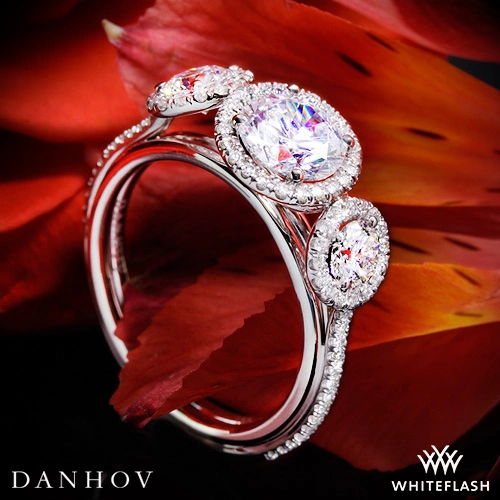 14k White Gold Danhov Per Lei Halo Three Stone Engagement Ring at Whiteflash