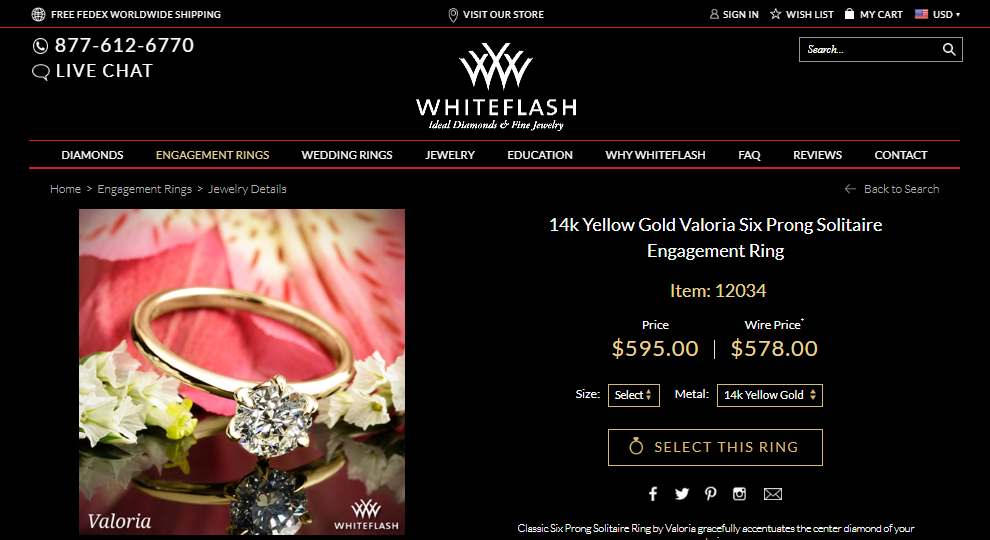 14k Yellow Gold Valoria Six Prong Solitaire Engagement Ring - screenshot